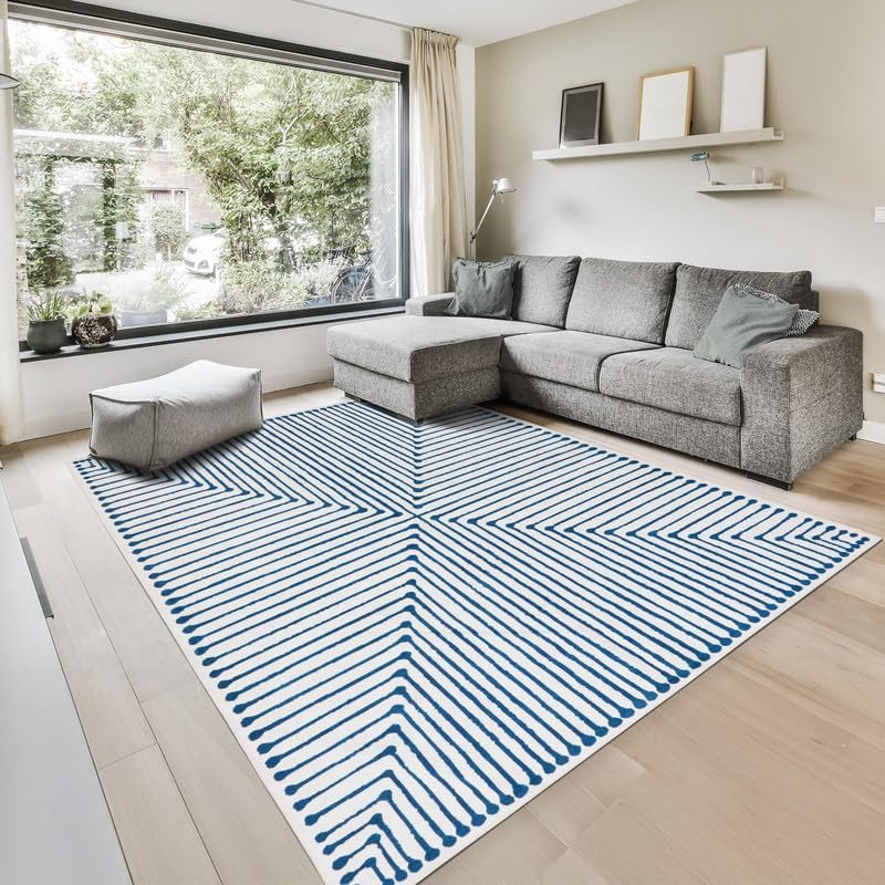 Teos - Indoor, Machine Washable Area Rug - 5'x7' Blue Ivory Home Carpet, Rectangle 5' x 7'