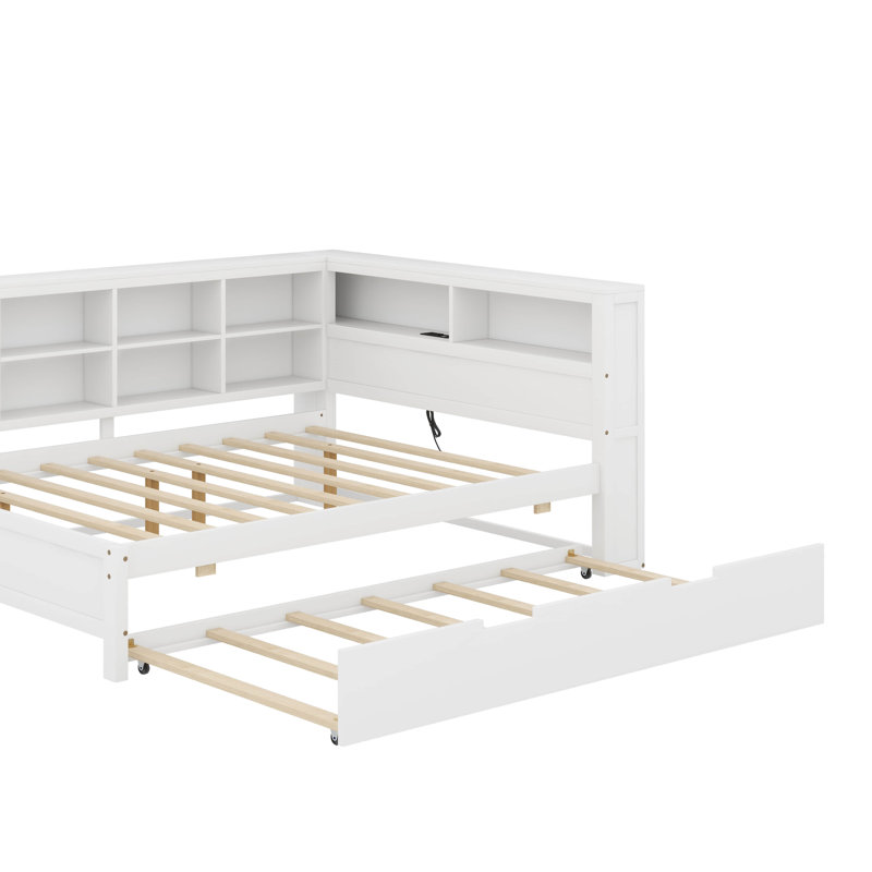 Lit de jour double en bois avec couchette, tablette de rangement et ports de chargement USB, White