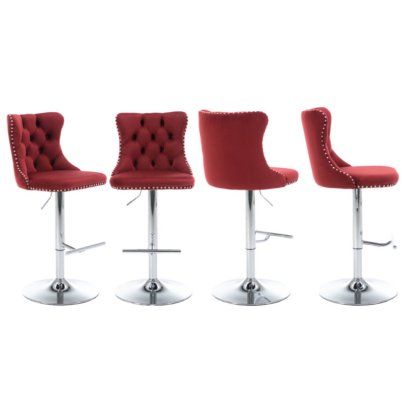 360°Swivel Adjustable Counter Height Bar Stools, 4, Wine Red, Sliver