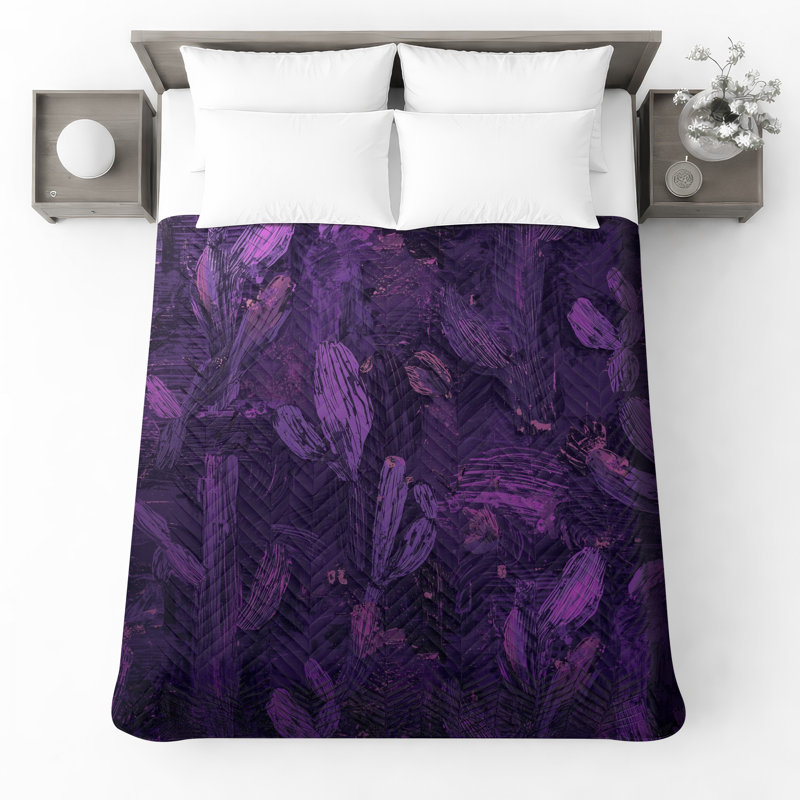 Purple Cactus Illustration Quilted Bedspread All Sizes, Twin