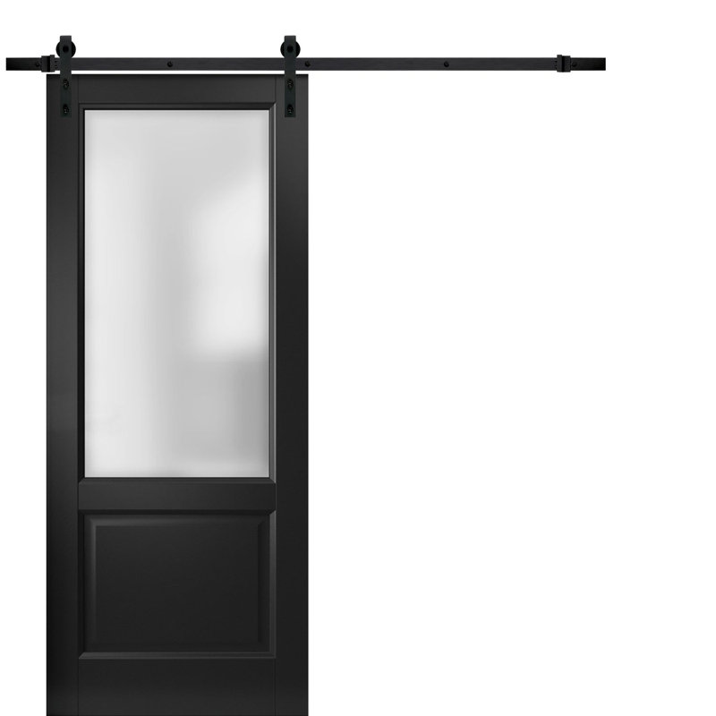 Porte de grange robuste 18 x 80 pouces Lucia 1533 Blanc soie avec verre clair, supports de rail de 6,6 pi, quincaillerie robuste, portes intérieures à panneaux pleins