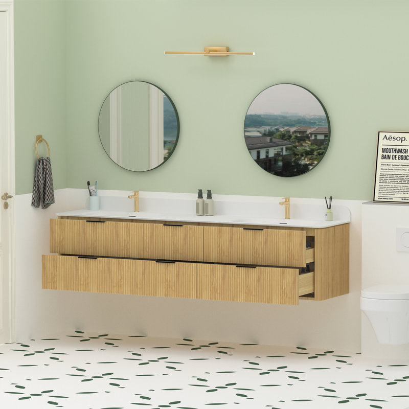 Meuble-lavabo flottant avec lavabo double 84 po Benford, Chêne doré