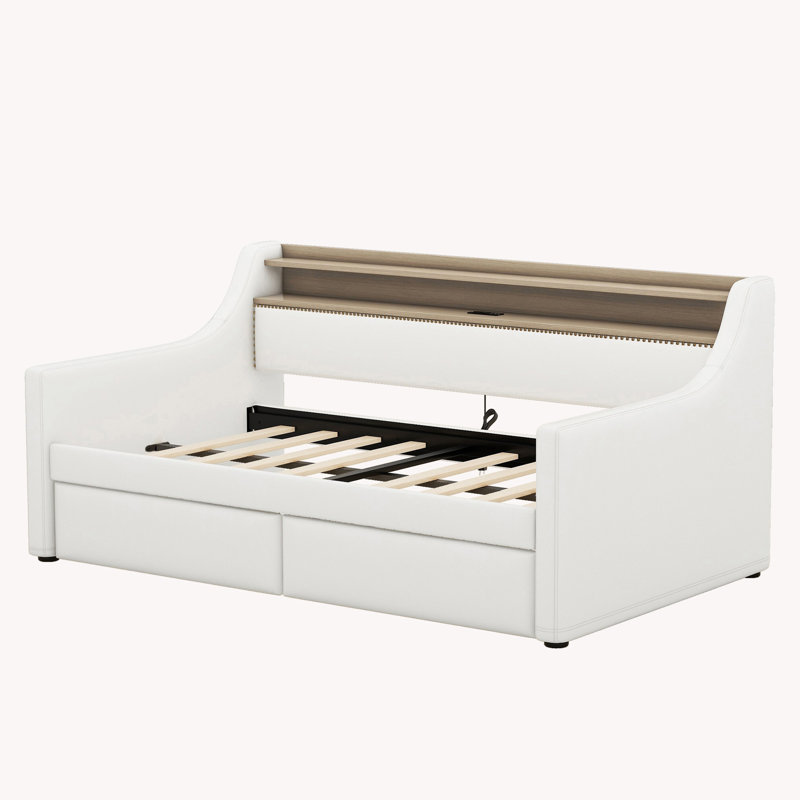 Storage Daybed with Charging Station and LED Lights, White