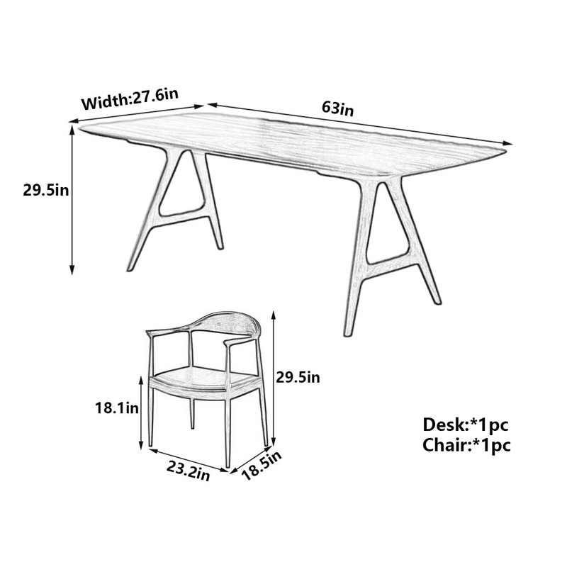 Bureau à structure en A en bois massif, H 29,5 po x l 63 po x P 27,6 po