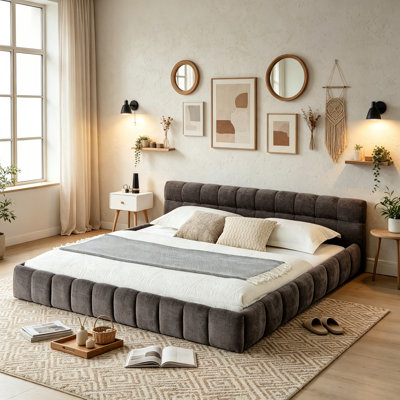 Upholstered Platform Floor Bed Frame with Headboard, Modern Low Bed No Box Spring Required for Adults, California King Size, Dark Gray [Square Tufted]
