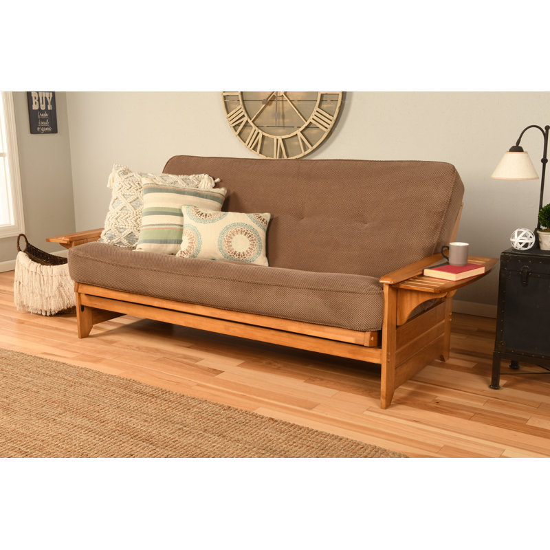 Johnte 82'' Wide Full Futon And Mattress, Butternut, Marmont Mocha Microsuede, Premium Pocket Coil