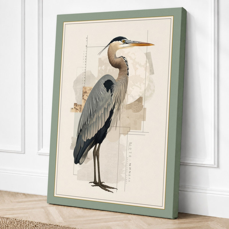 Great Blue Heron Botanical - Wrapped Canvas, 18x12 - 45.7 x 30.5 cm, Sage Border