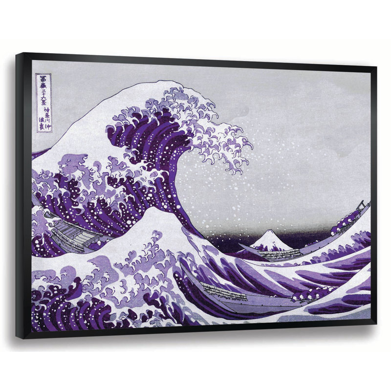 « the great wave » par katsushika hokusai,, reproduction d’art encadrée en mauve et gris, H 22 po x l 28 po