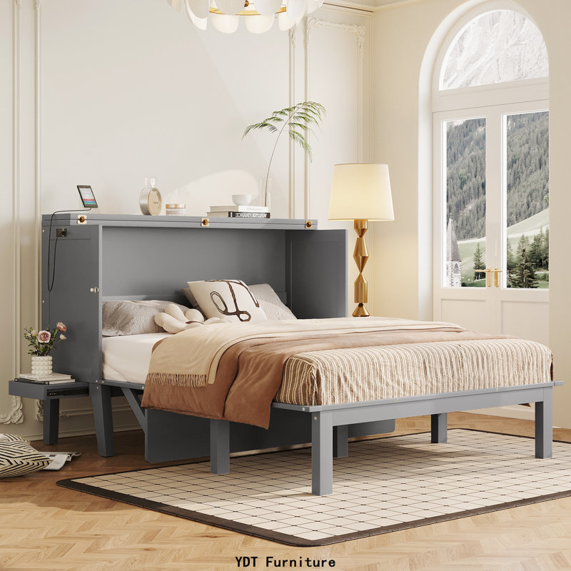 Queen Murphy Bed with USB Port and Removable Shelves, White, White