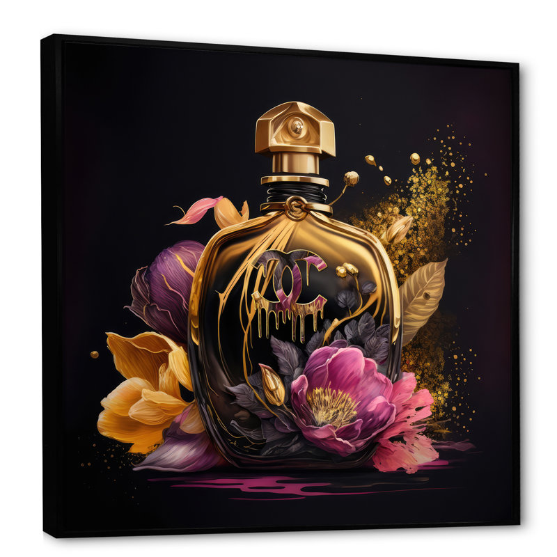 «Chic Black and Gold Perfume Bottle III», impression sur toile, Toile avec cadre flottant noir, H 16 po x l 16 po x P 1 po