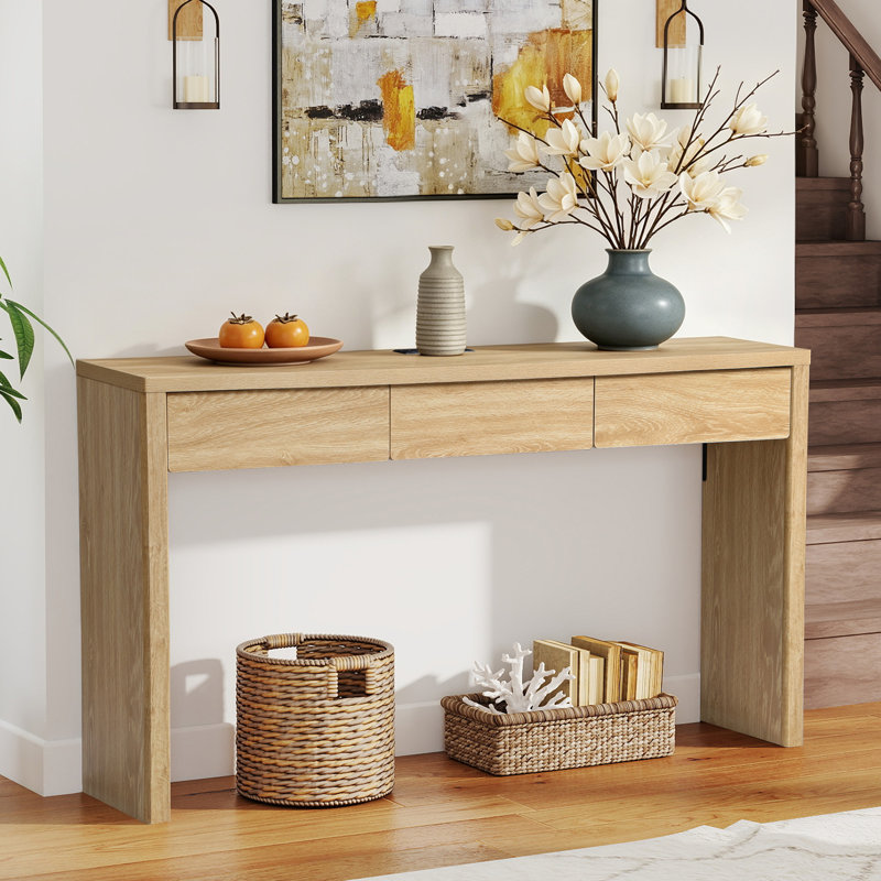 Console en bois de 150 cm avec station de recharge, Naturel, Naturel, Naturel