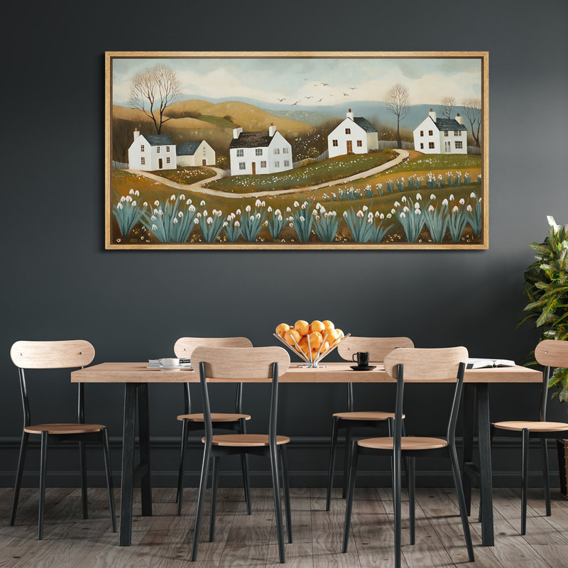 Country Cottage Village, toile encadrée - scène d'art populaire fantaisiste avec fleurs printanières, Naturel