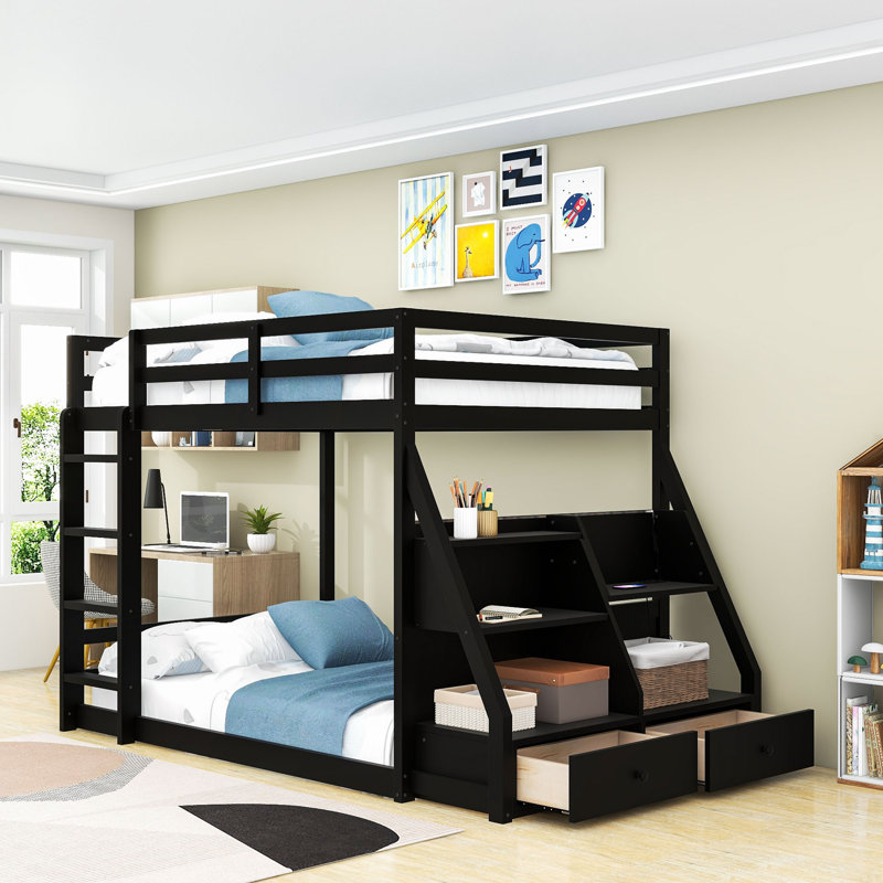 Full over Full Bunk Bed with LED Light Strip and USB Charging,Drawers, Black