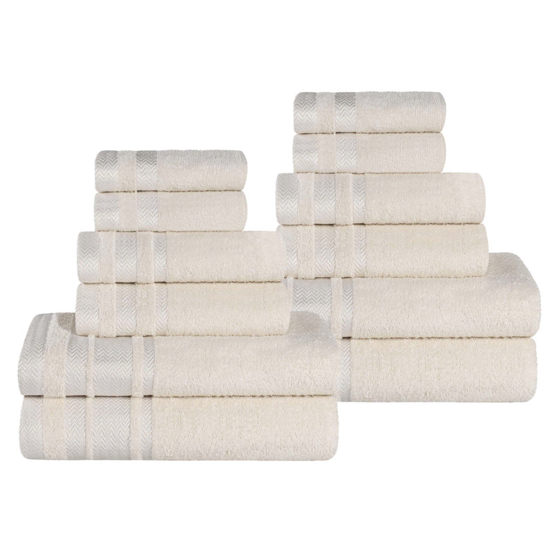 Ensemble de 12 serviettes de bain en coton dobby à bordure en peluche douce et absorbante, poids moyen, Ivory