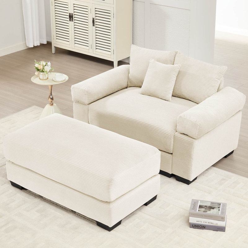 Canapé rembourré en velours côtelé avec repose-pieds, Blanc