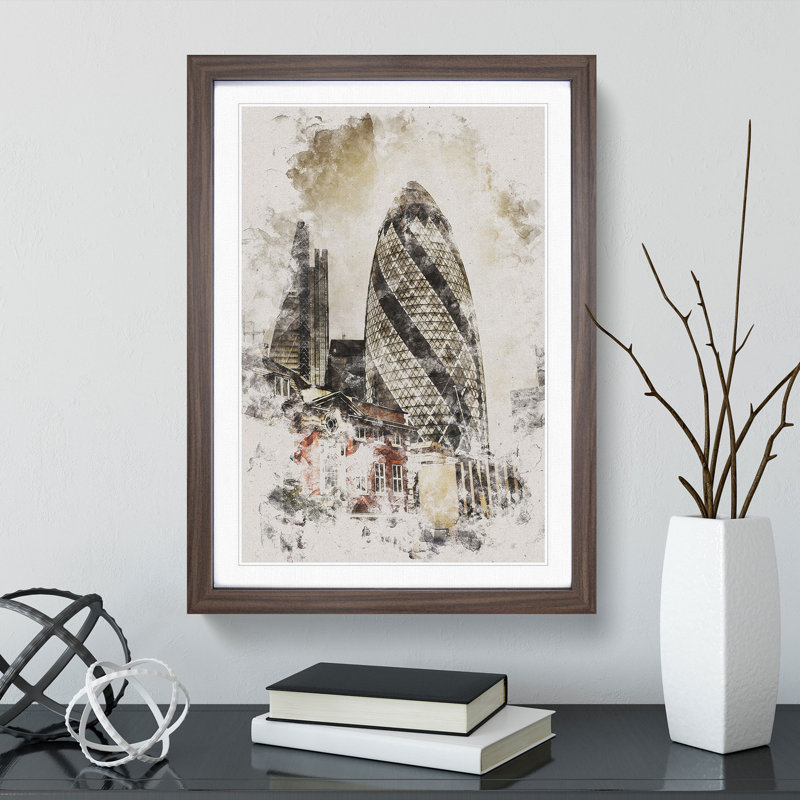 The Gherkin in London Watercolour - Framed Print, 48cm H x 36cm W x 2cm D, Walnut Framed