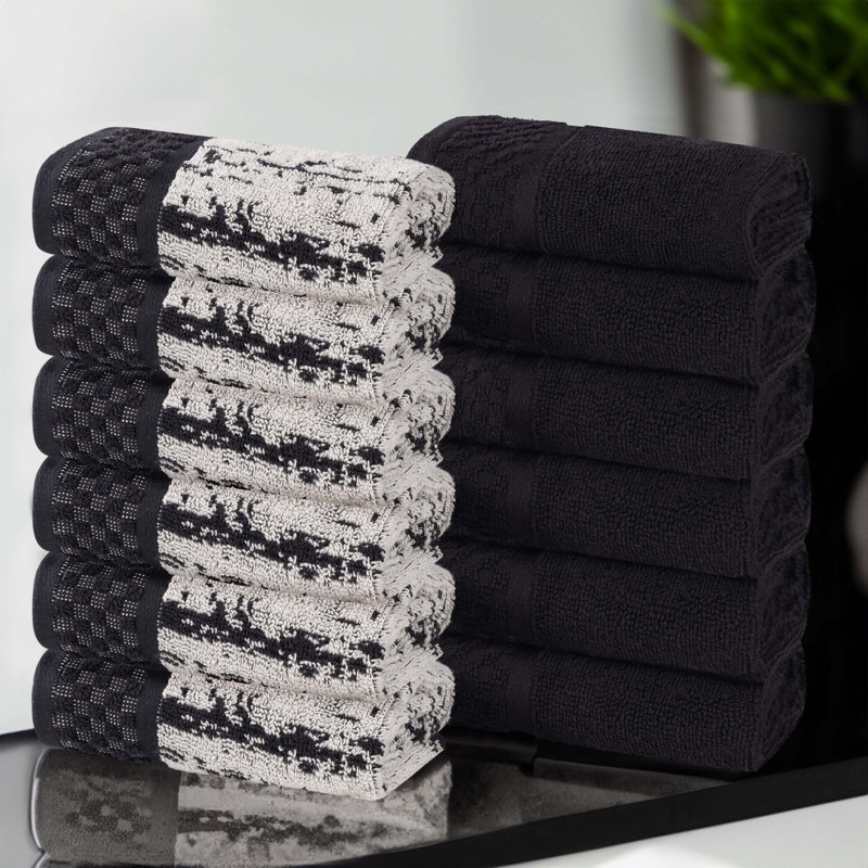 Lodie Cotton Plush Soft Absorbent Jacquard Solid and Two-Toned Face Towel Washcloth, Black/Ivory