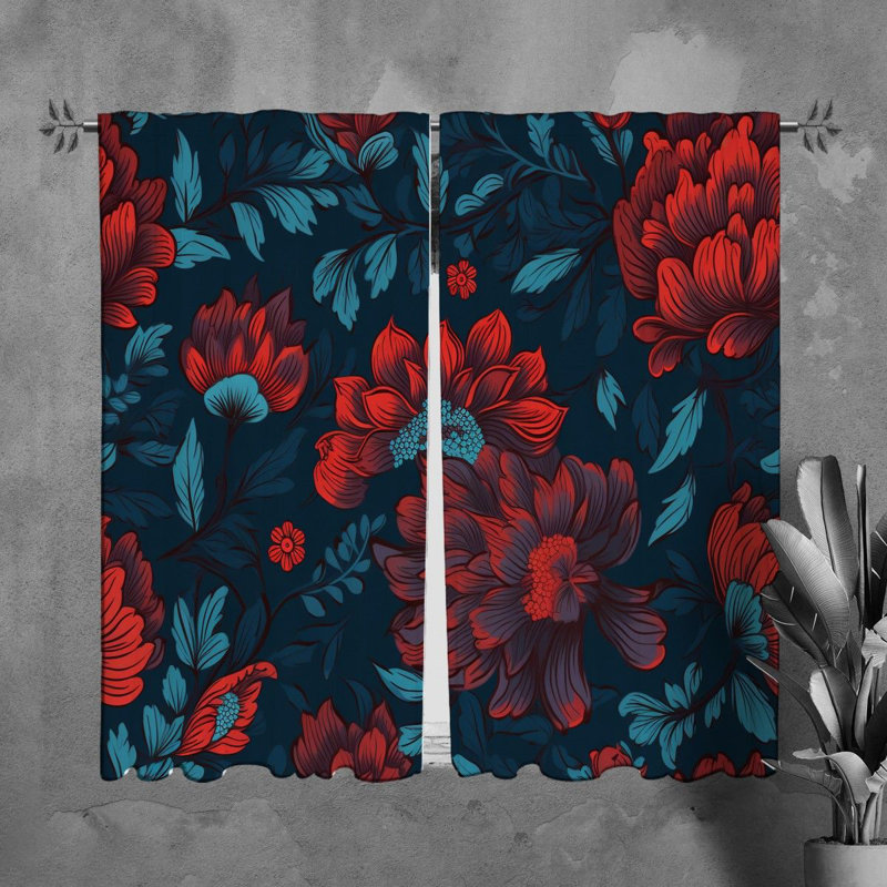 Rideaux de fenêtre à motif floral et drapeaux rouges botaniques, L 40 po x L 61 po