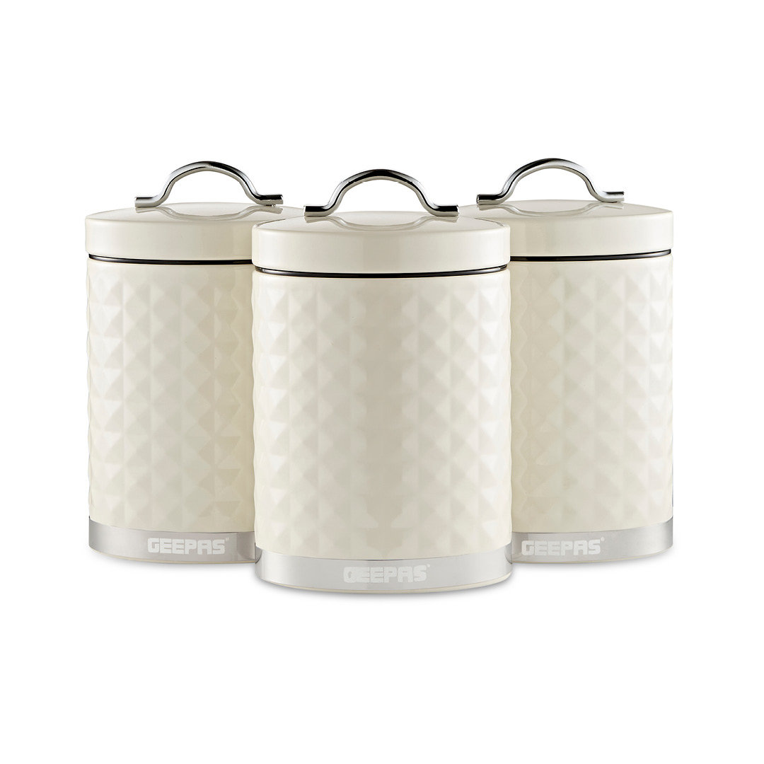 GEEPAS Argyle 3-Piece Tea Coffee Sugar Canisters Set | 1.3L Airtight Durable Carbon Steel Material Lids & Body | Kitchen Storage Canisters Keeps Conte