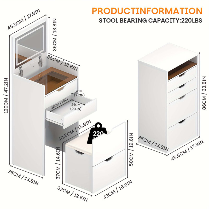 3-In-1 Multifunctional Dressing Table Set With Three-Color Lighting, HD Mirror, Sliding Drawers, And Hidden Storage Stool
