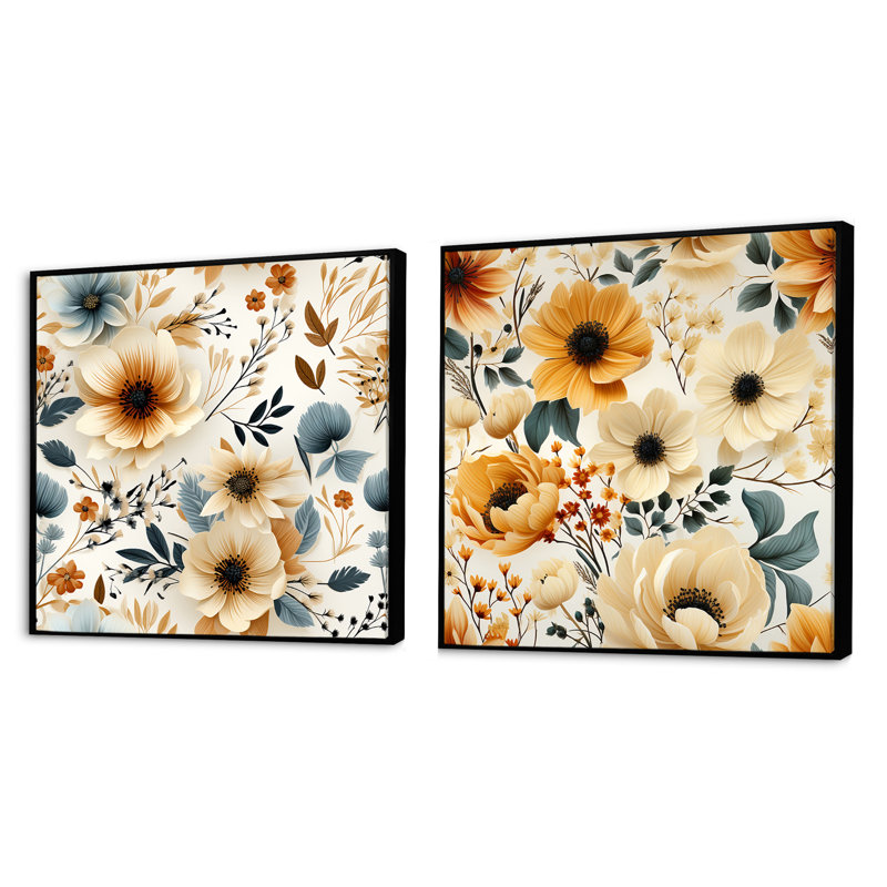 Bouquet de charme beige rustique à motif champêtre floral, Cadre flottant noir, H 16 po x l 33 po