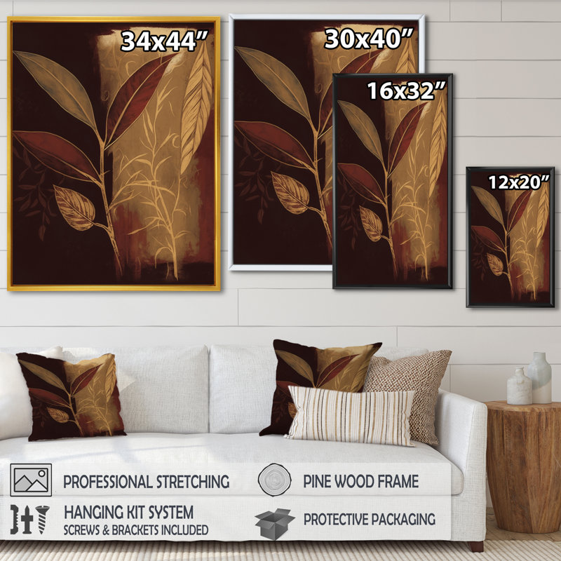 Terra Cotta chocolat feuilles VI - impression de paysage forêt, H 32 po x l 24 po x P 1 po, Cadre flottant noir