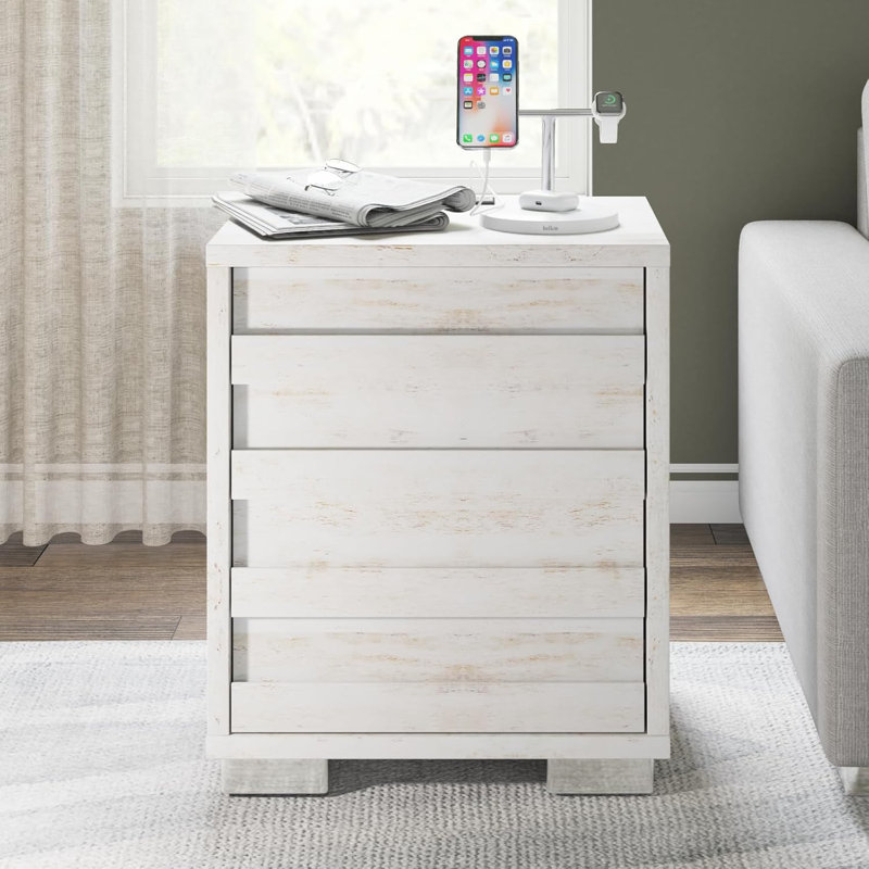 Louby Farmhouse 3 Piece Platform Bed And Nightstand Bedroom Set, White, King