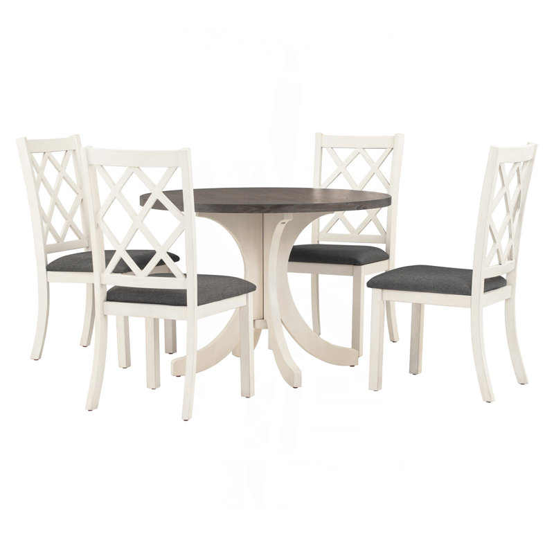 Solid Wood 5-Piece Round Dining Table Set, Brown, White/Grey