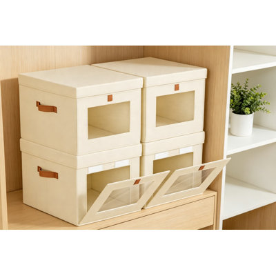 Bacs de rangement avec couvercles, paquet de 4 paniers en tissu pliables avec ouverture latérale et fenêtre transparente, organisateur de placard empilable pour vêtements, serviettes, jouets, bureau personnel, 13,77 po x 11,8 po x 9,8 po, beige