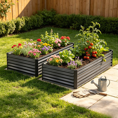 Ensemble de 2 jardinières surélevées en métal renforcé gris foncé, boîtes à fleurs d'extérieur sans fond résistantes à la rouille pour fleurs et légumes