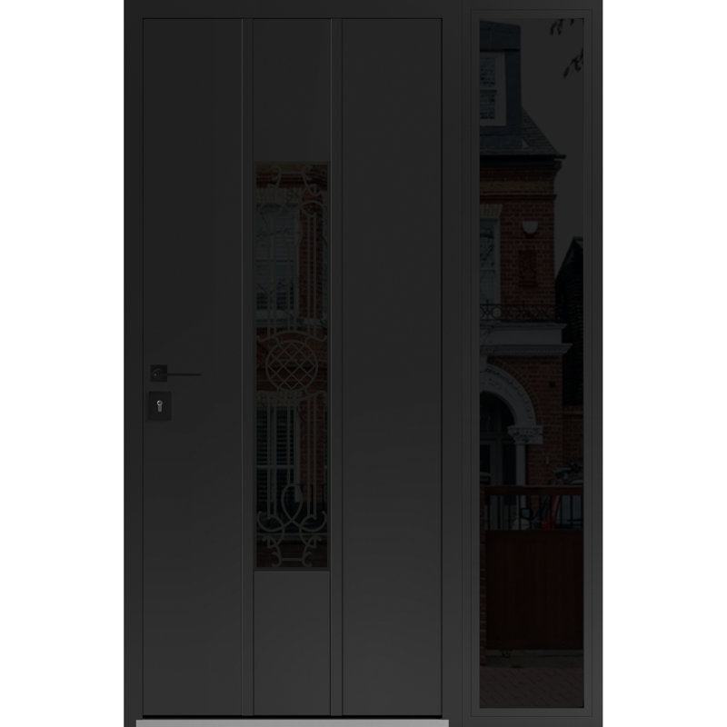 Front Exterior Prehung Steel Door Ronex 1477 Black Enamel Side Exterior Window Sidelite Stainless Inserts Entry Metal Modern Painted W36+12 x H80 Right hand Inswing