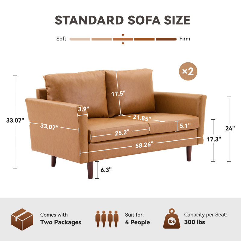 Bobur 58" Wide Faux Leather Loveseat Sofa(Set Of 2), Mid Brown