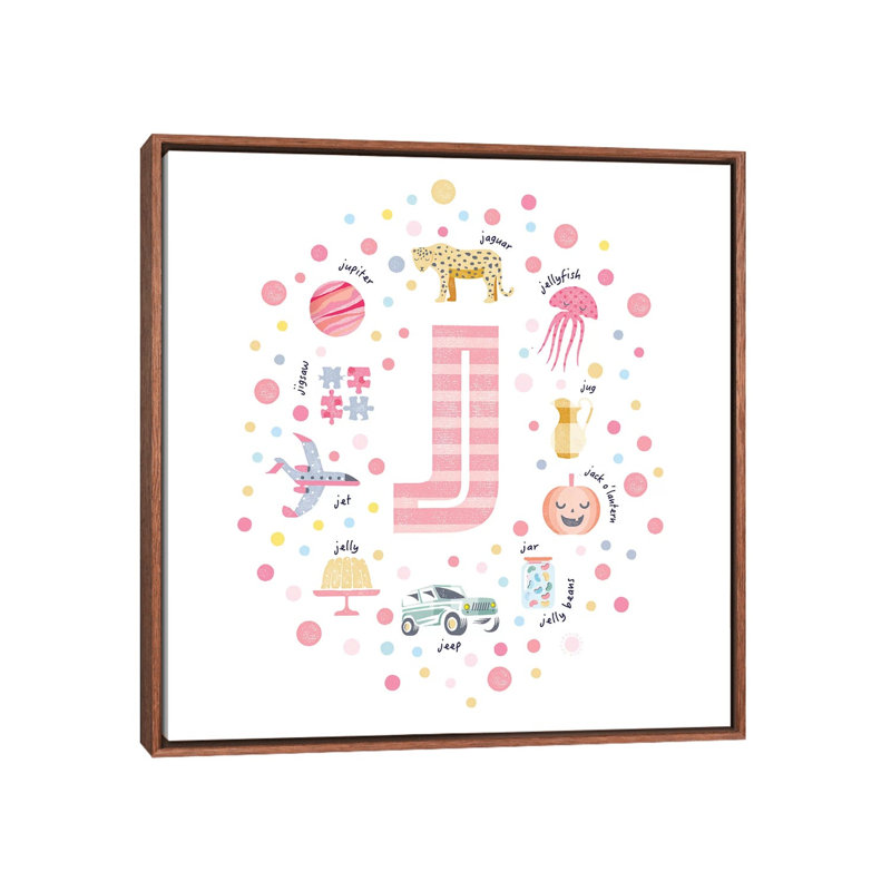 Lettre illustrée J rose - impression, Pas de tapis, H 18 po x l 18 po x 1,5 po, Toile avec cadre brun