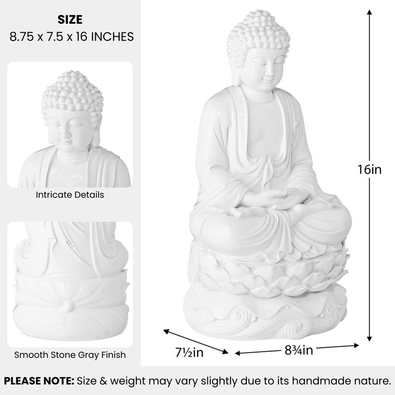 16" Peaceful Meditating Gloss White Buddha Statue, White