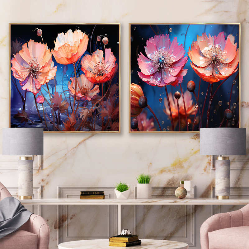 Ensemble de 2 fleurs de néon rose et bleuet, H 16 po x l 33 po, Cadre flottant doré
