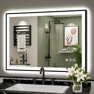 Miroir de salle de bain matte encadré noir matel avec lumières, éclairé à l'avant et à l'arrière, fonction mémoire, 3 températures de couleur, éclairage à intensité variable et miroir en verre trempé anti-buée homologué ETL