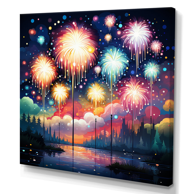 Feux d'artifice bleus et roses au bord du lac - Art mural, Toile tendue, H 16 po x l 16 po x P 1 po