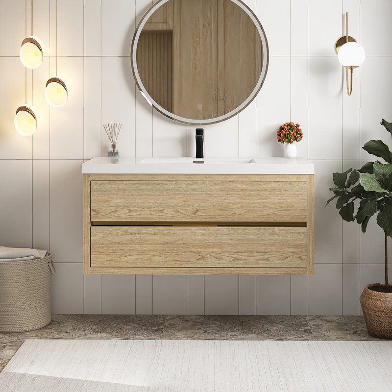 Meuble-lavabo mural 48 po avec lavabo, Bois de chêne naturel