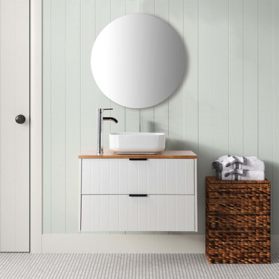 Meuble-lavabo mural avec tiroir double, plateau en bois massif, lavabo carré en céramique, design moderne pour des salles de bain fonctionnelles et élégantes