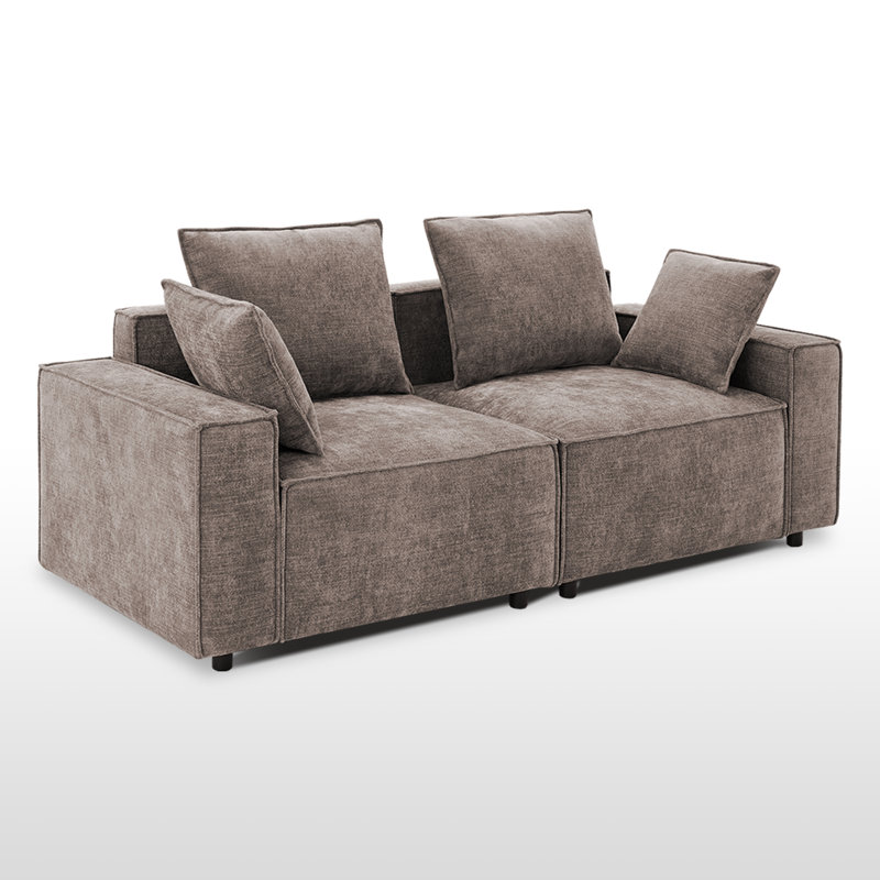 Makassar 78“ Square Arm Loveseat Modular Chenille Sofa, Tan Chenille