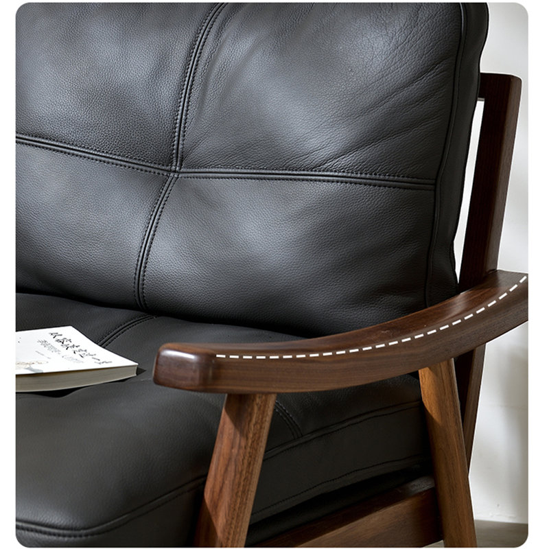 Chaise ergonomique en similicuir avec accoudoirs en bois, Cuir synthétique noir