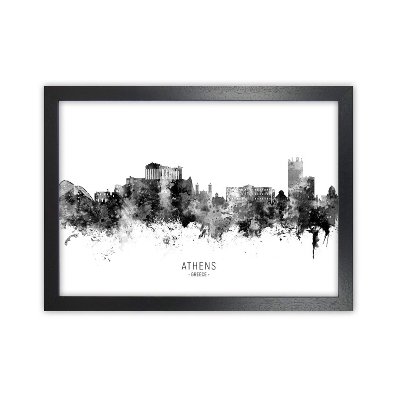 Athens Greece Skyline Black White City Name by Michael Tompsett - Print, 64cm H x 88cm W x 3cm D, Black Framed
