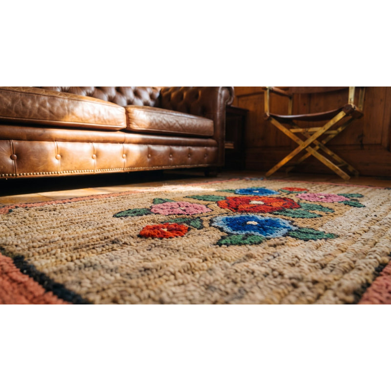 Tapis ivoire en laine crocheté antique