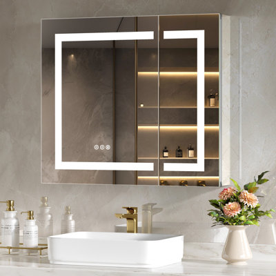 LED lighted medicine cabinet with mirror 26",Bathroom Mirror Cabinet with Lights, Outlet and USB, Recessed or Wall Mounted, Adjustable Shelf, 3-Color, Dimmer, Anti-fog