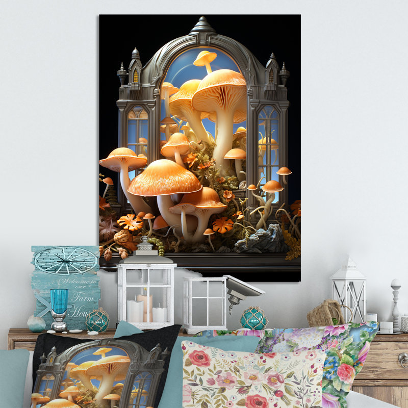Champignon jaune fantaisie - Art mural en métal champignon, H 40 po x l 30 po x P 1,5 po