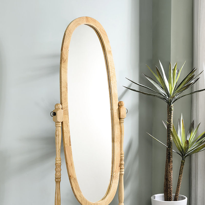 Miroir sur pied 59,14 "en bois naturel, ovale. Miroir réglable. S'incline facilement à n'importe quel angle. Facile à assembler avec une finition naturelle, complète facilement