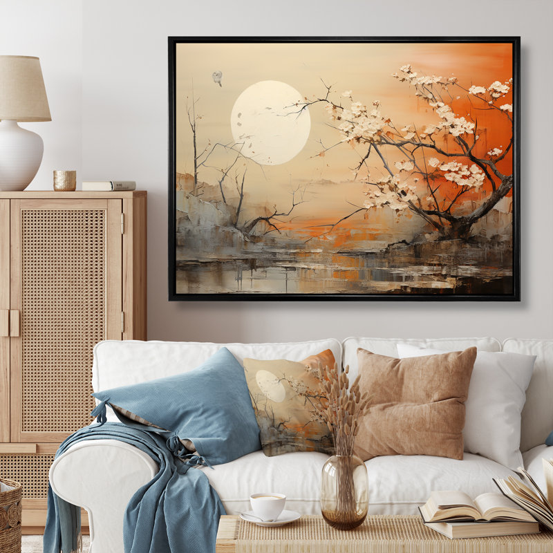 «Moon On Tangerine Twilight Landscape», impression d'art mural lune, Cadre flottant noir, H 34 po x l 44 po x P 1,5 po