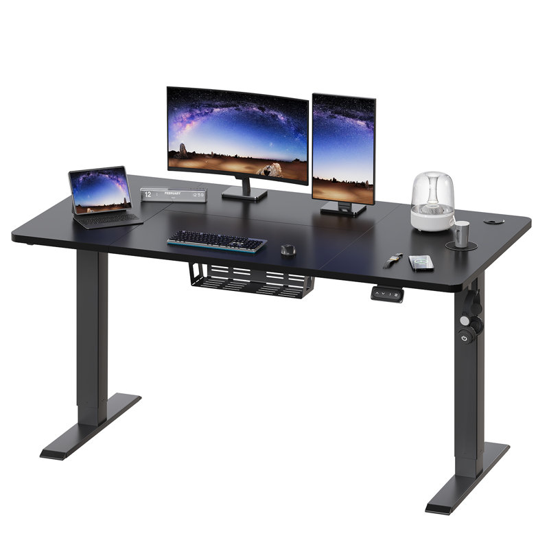Electric T-Shape Height Adjustable Standing Desk, 140cm W x 60cm D, Black