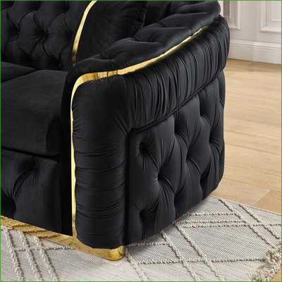 Canapés-lits: canapé Chesterfield 3 places 90,6 po, capitonnage à boutons en velours, détails dorés pour le salon | Noir | Velours