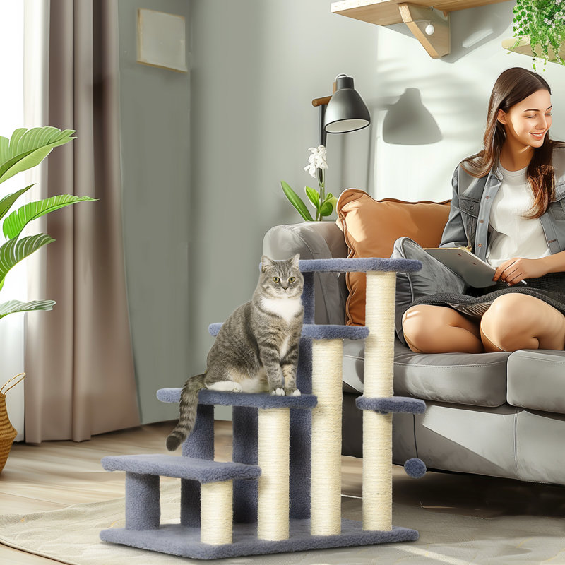 Escalier pour chat à 4 niveaux, gris avec poteaux à griffer, support suspendu et marche latérale pour chaton pour animaux de compagnie 4 niveaux